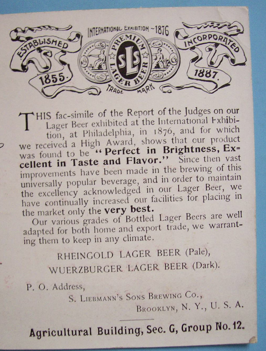 1893 Columbian Expo Leibemann's Brewing Co. Trade Card