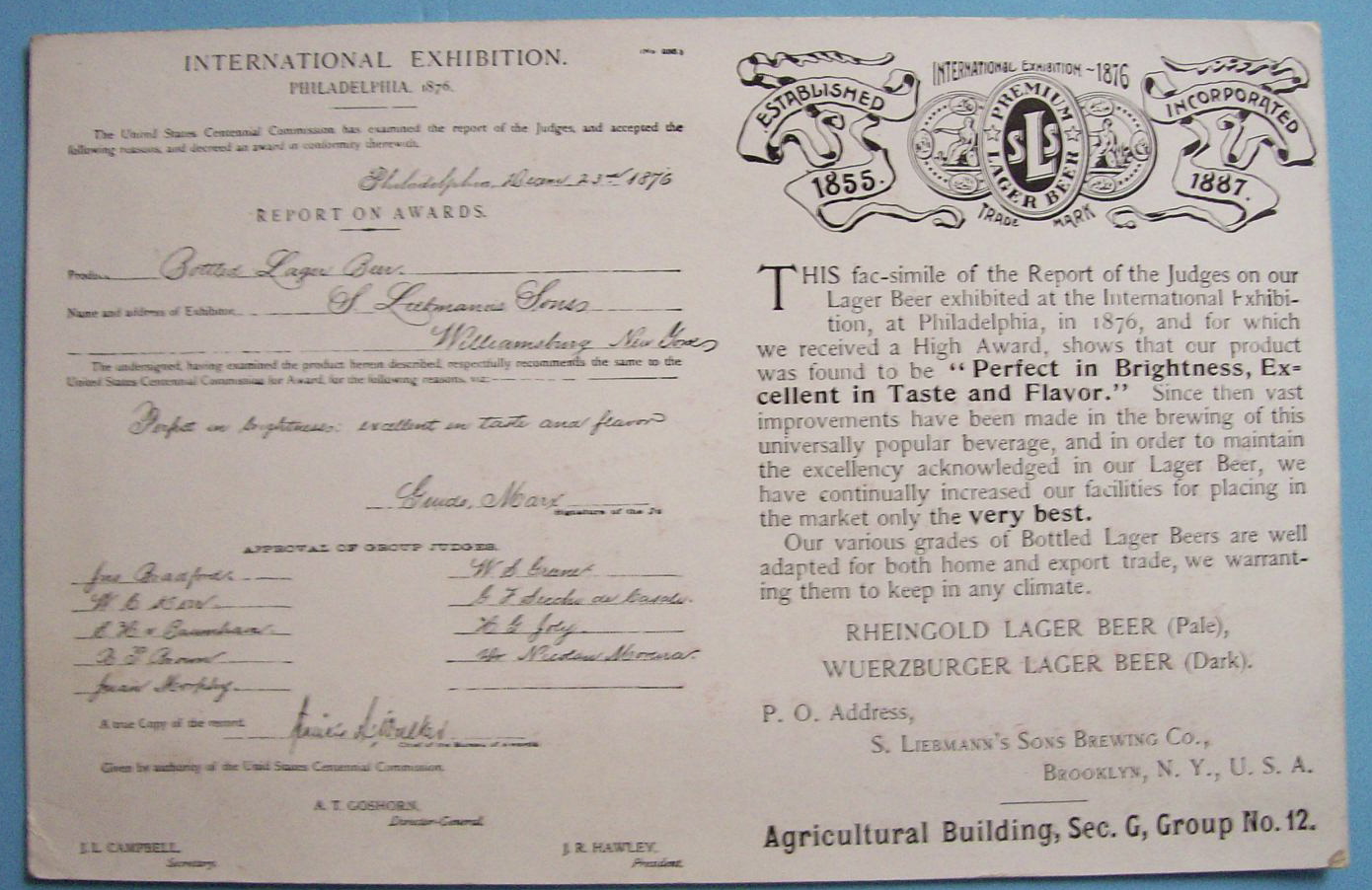 1893 Columbian Expo Leibemann's Brewing Co. Trade Card