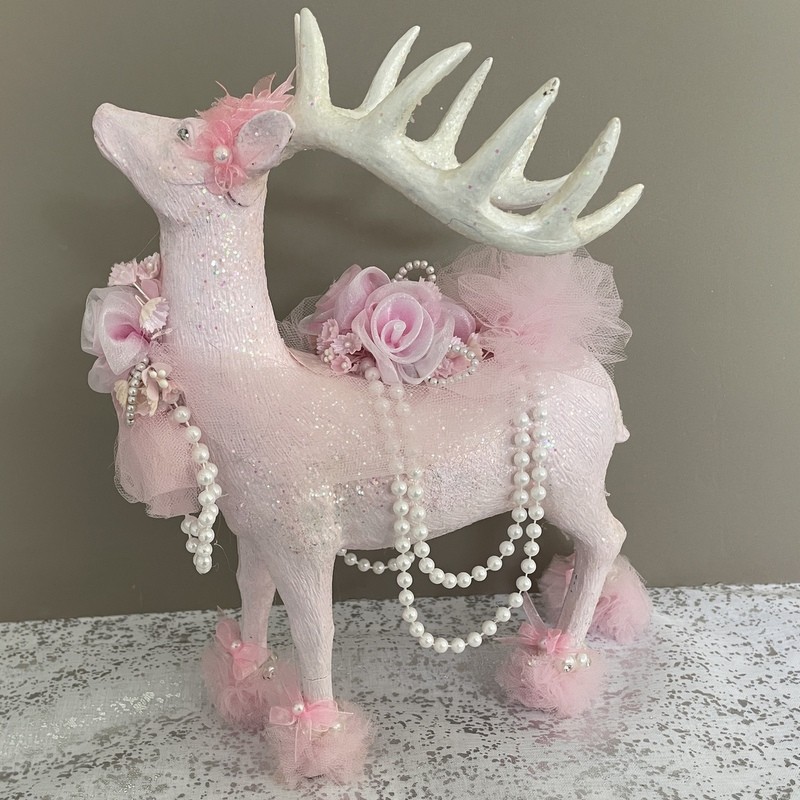 11" Blush Pink Glitter Reindeer - Shabby Victorian Christmas Decor Pearls Rhinestone