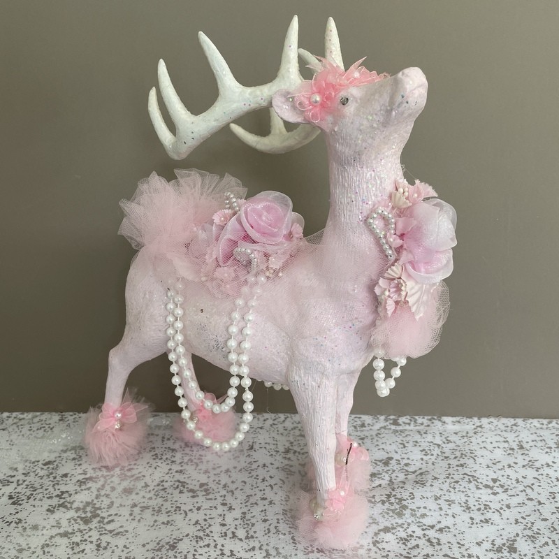 11" Blush Pink Glitter Reindeer - Shabby Victorian Christmas Decor Pearls Rhinestone