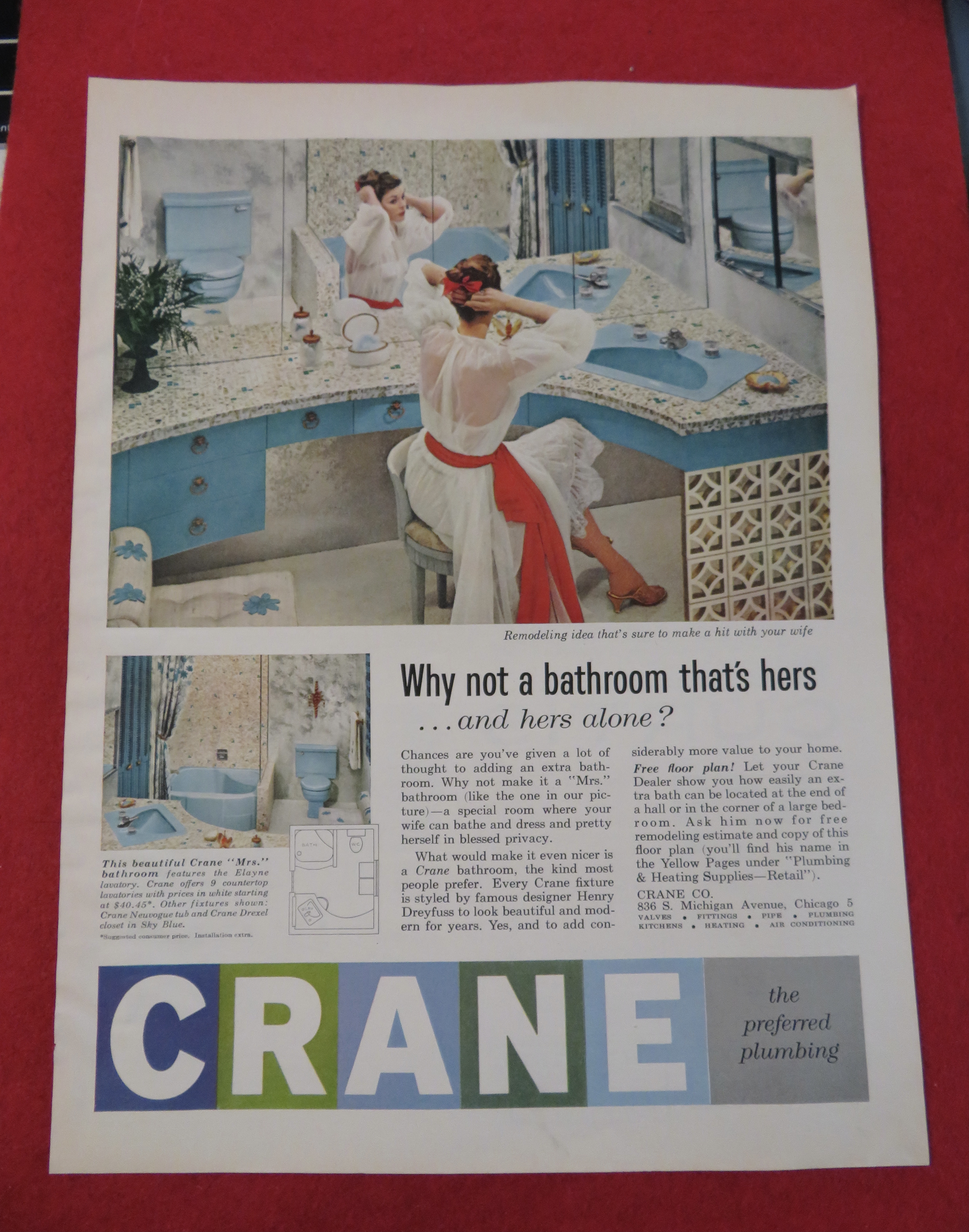 1958 Crane Plumbing with Woman Looking In The Mirror