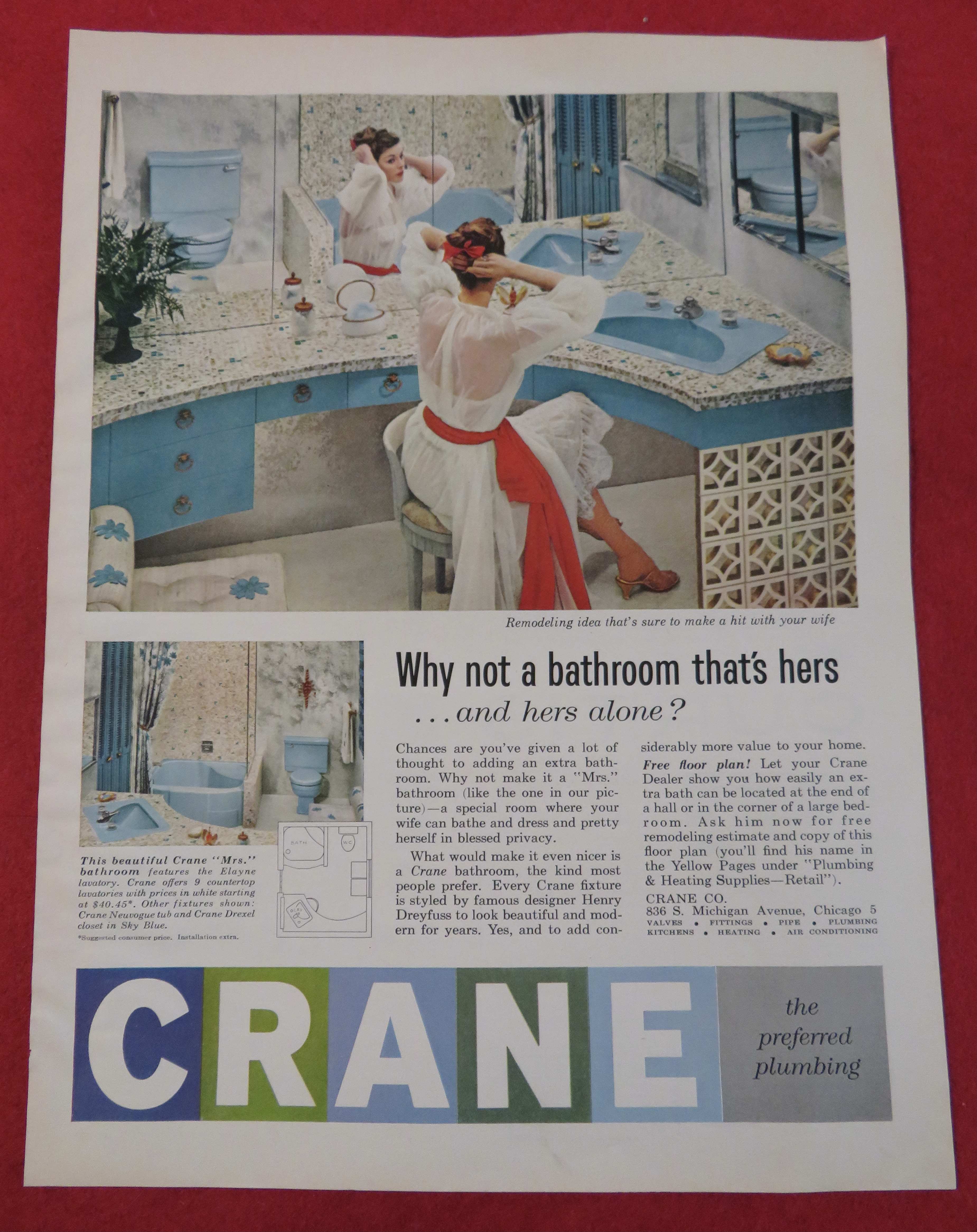 1958 Crane Plumbing with Woman Looking In The Mirror