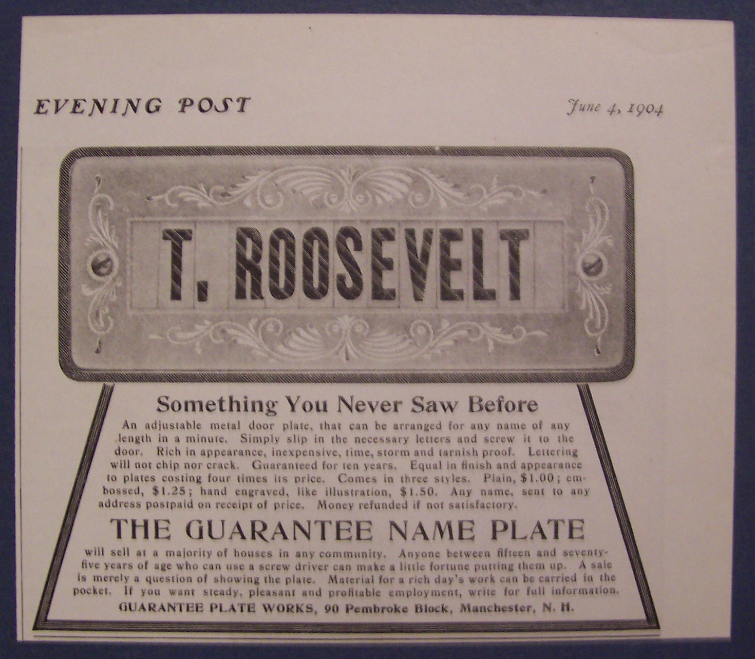 1904 Guarantee Name Plate