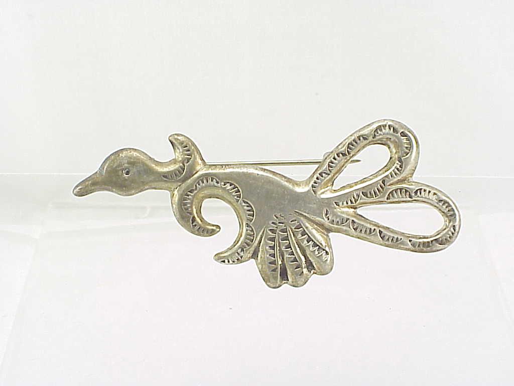 Native American Sterling Silver Roadrunner Bird Brooch Signed Jb