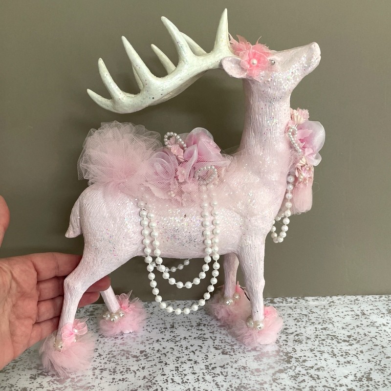 11" Blush Pink Glitter Reindeer - Shabby Victorian Christmas Decor Pearls Rhinestone