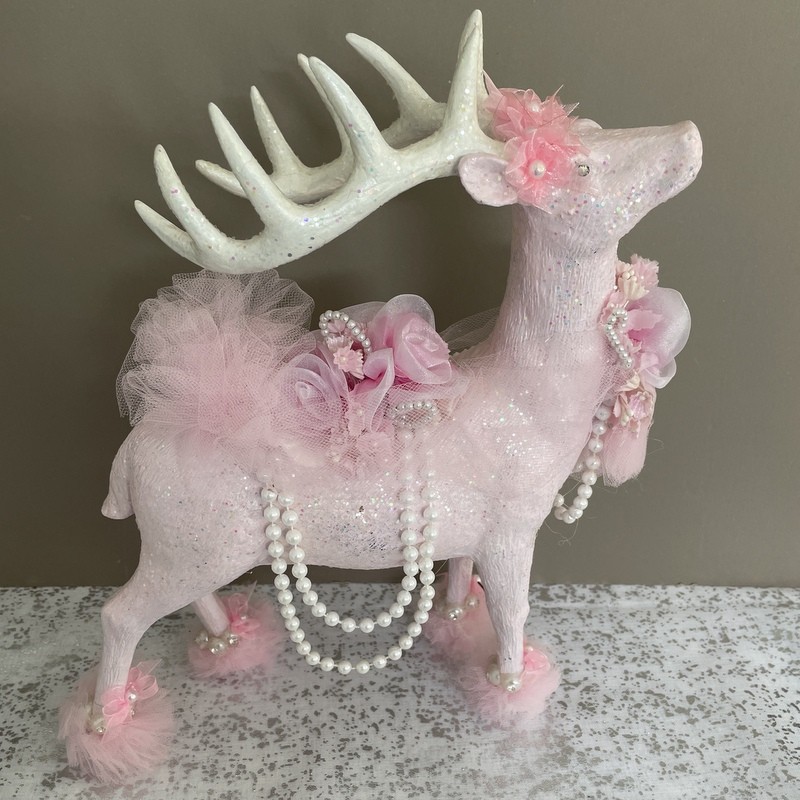 11" Blush Pink Glitter Reindeer - Shabby Victorian Christmas Decor Pearls Rhinestone