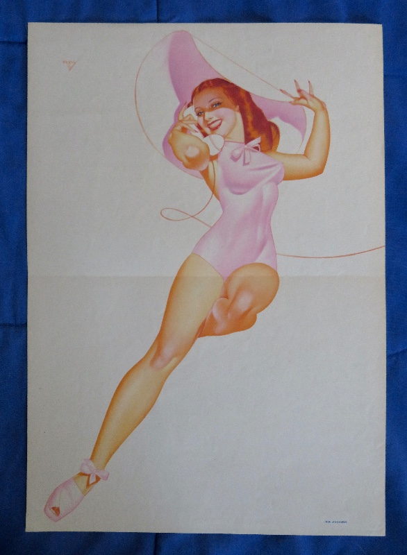 Original 1945 Sexy Red Haired Pin Up Girl Wearing Pink Outfit & Pink Hat While Talking On Telephone By George Petty