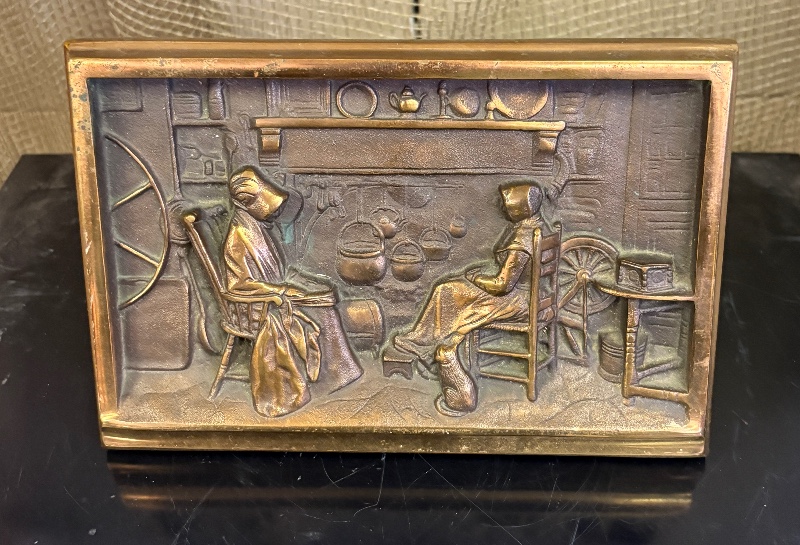 Antique W.D. Allen Mfg. Co. Cast Brass Colonial Hearth Scene Relief Plaque