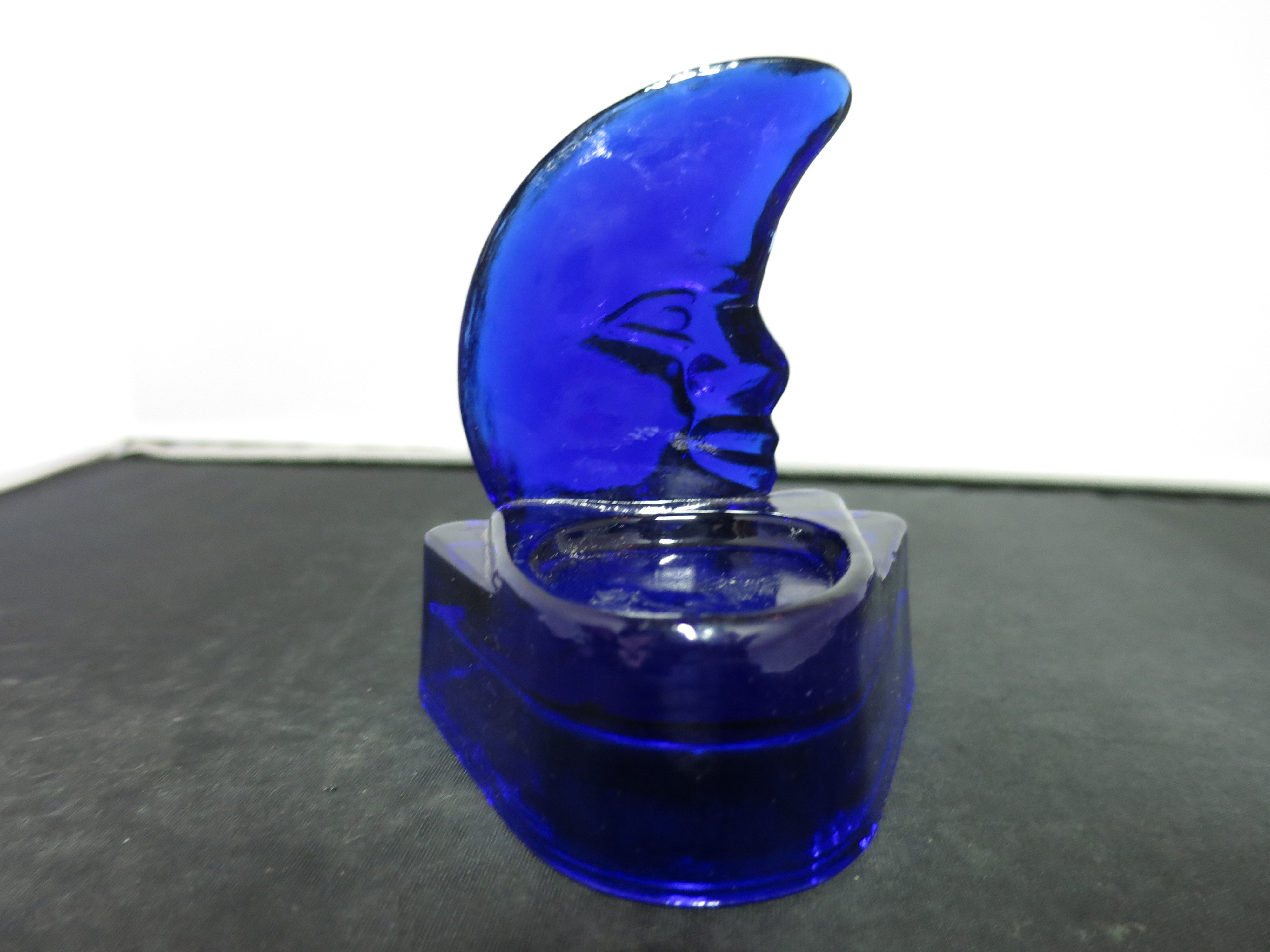 Cobalt Blue Glass Crescent Moon Candle Holder Votive Tea Light