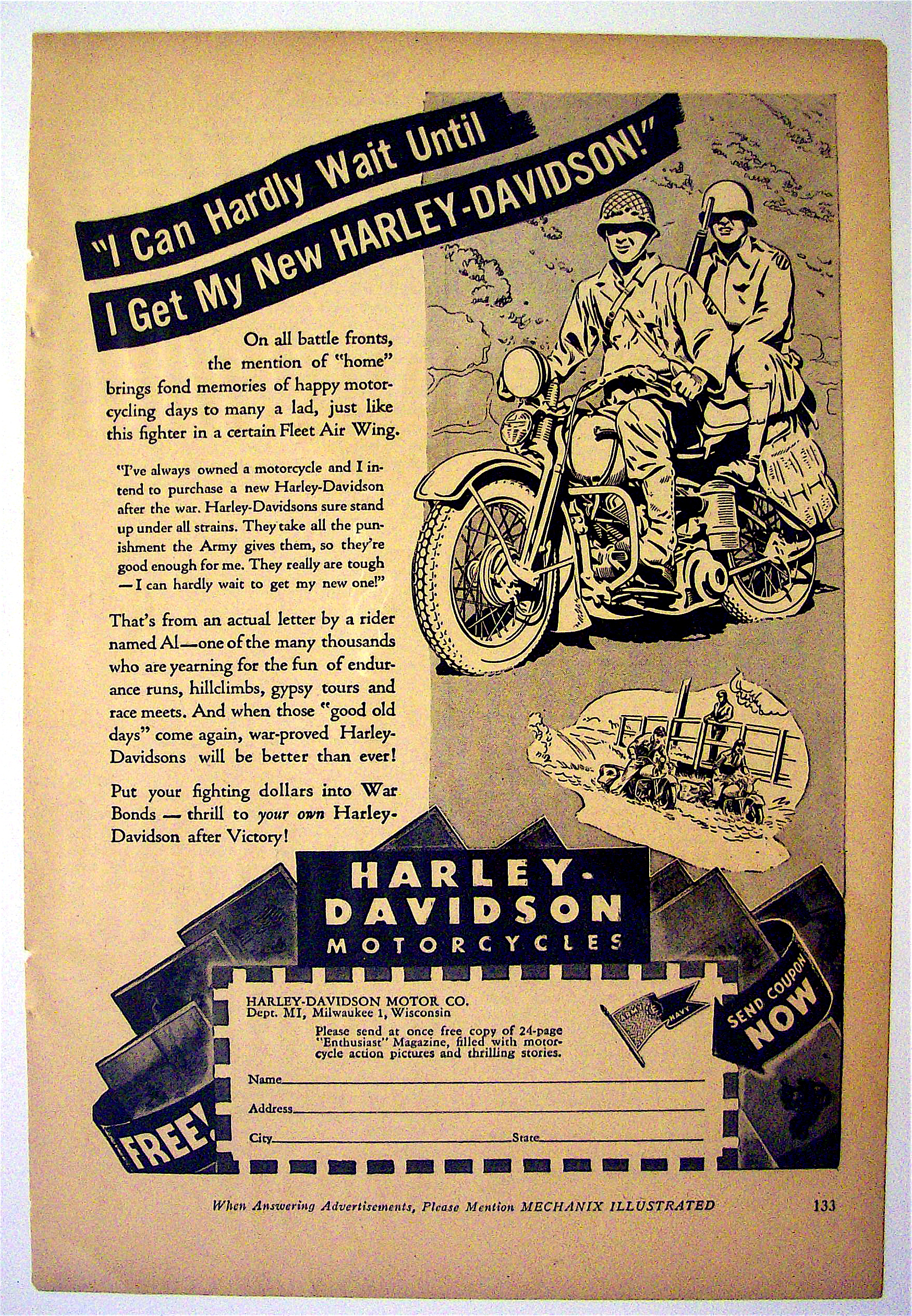 1944 Harley-Davidson Motorcycles w/Two Men & Motorcycle