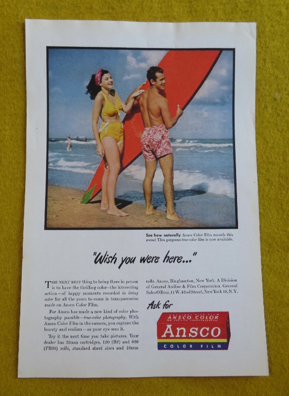 1946 Ansco Color Film With Man & Woman On The Beach While He Holds A Surfboard