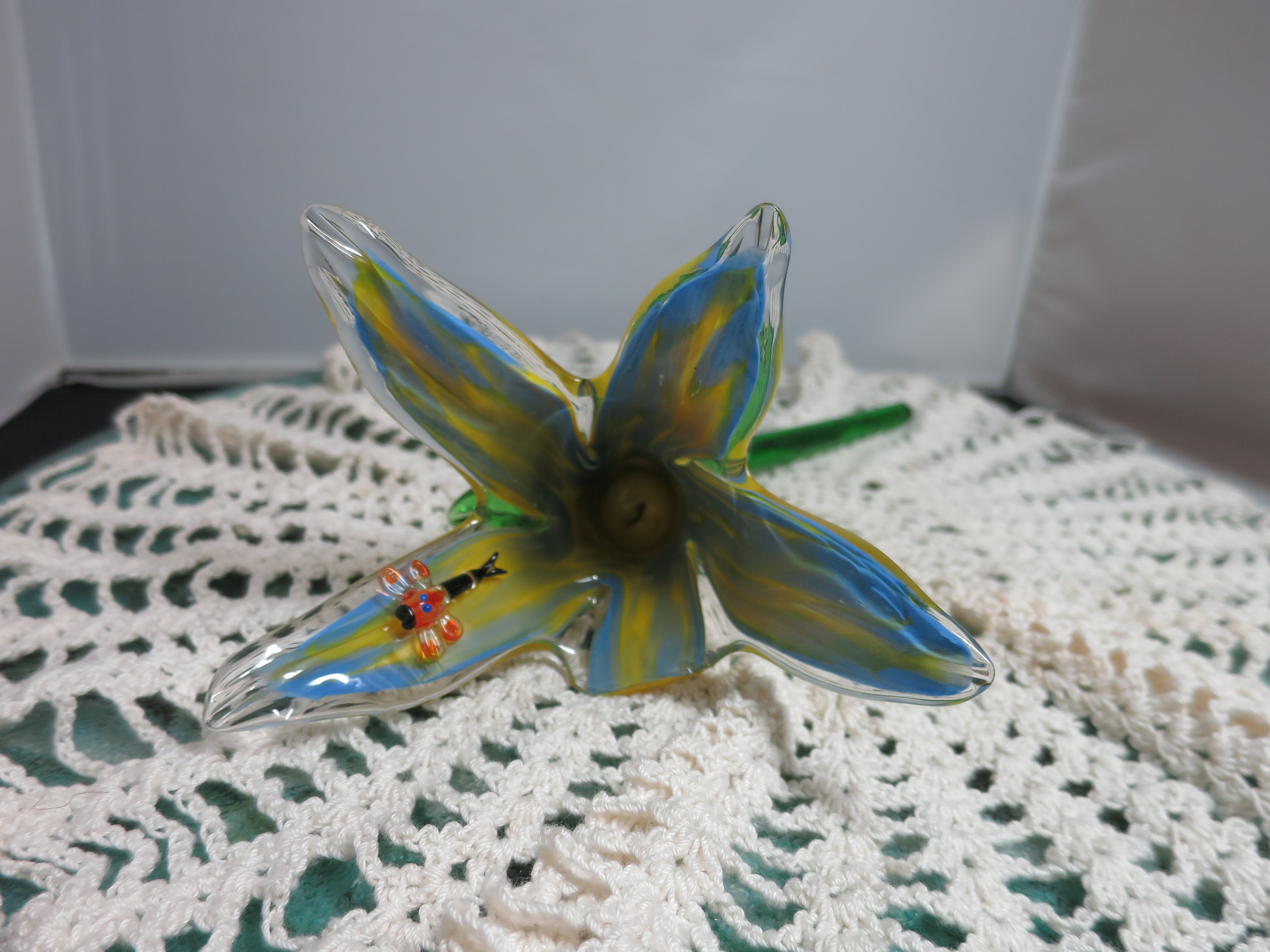 Artisan Blown Glass Flower with Dragonfly Figurine