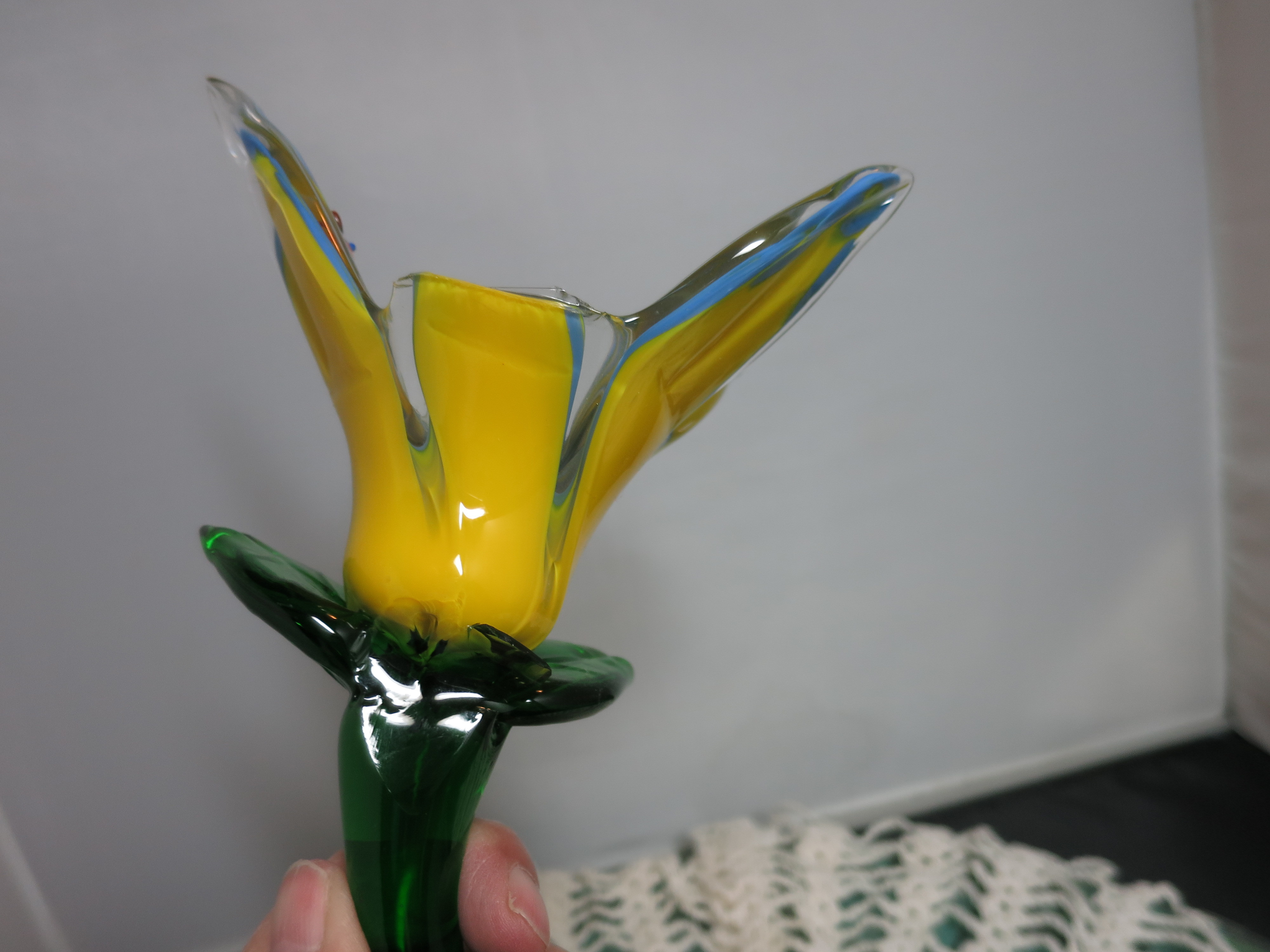 Artisan Blown Glass Flower with Dragonfly Figurine