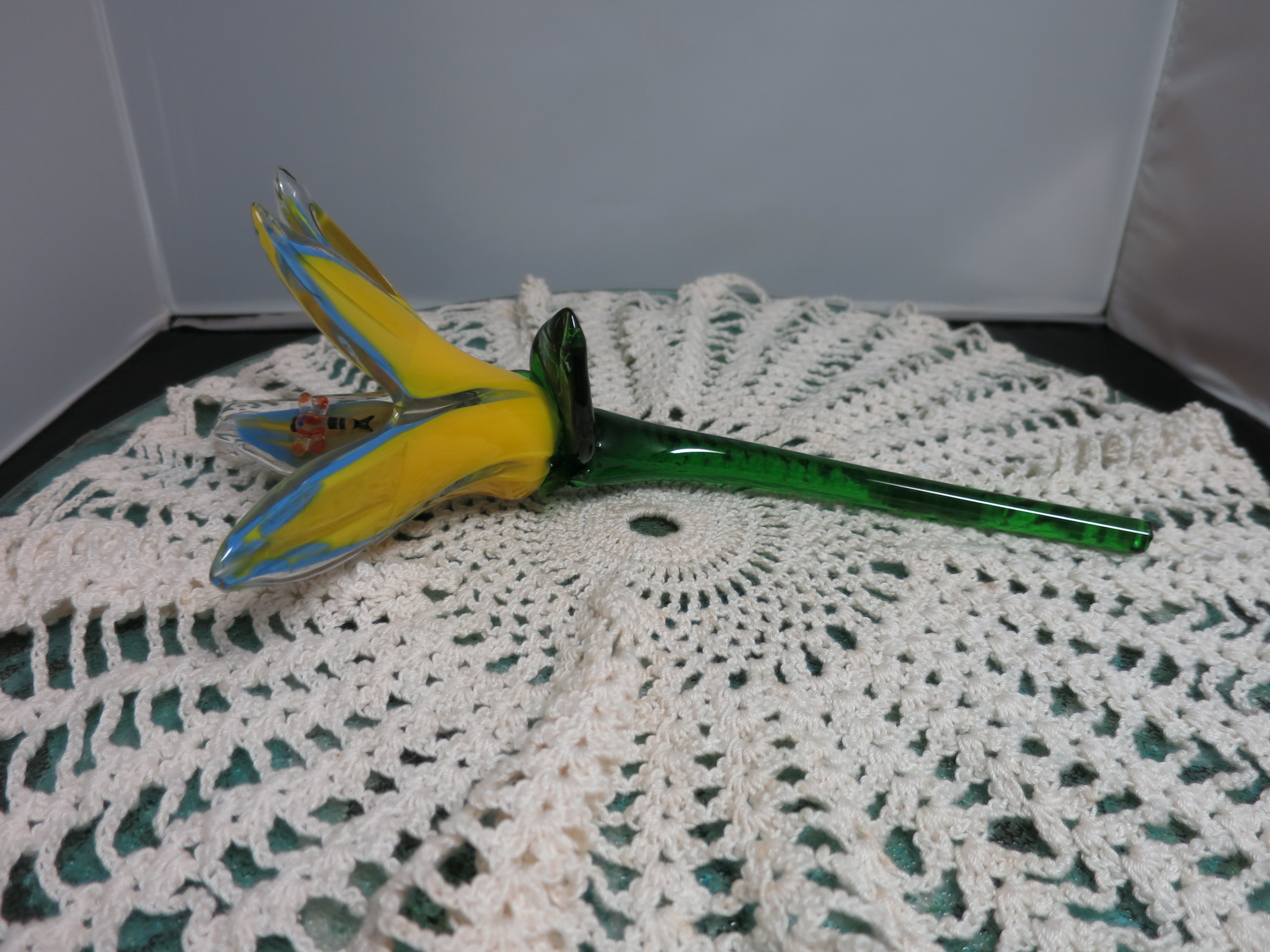 Artisan Blown Glass Flower with Dragonfly Figurine