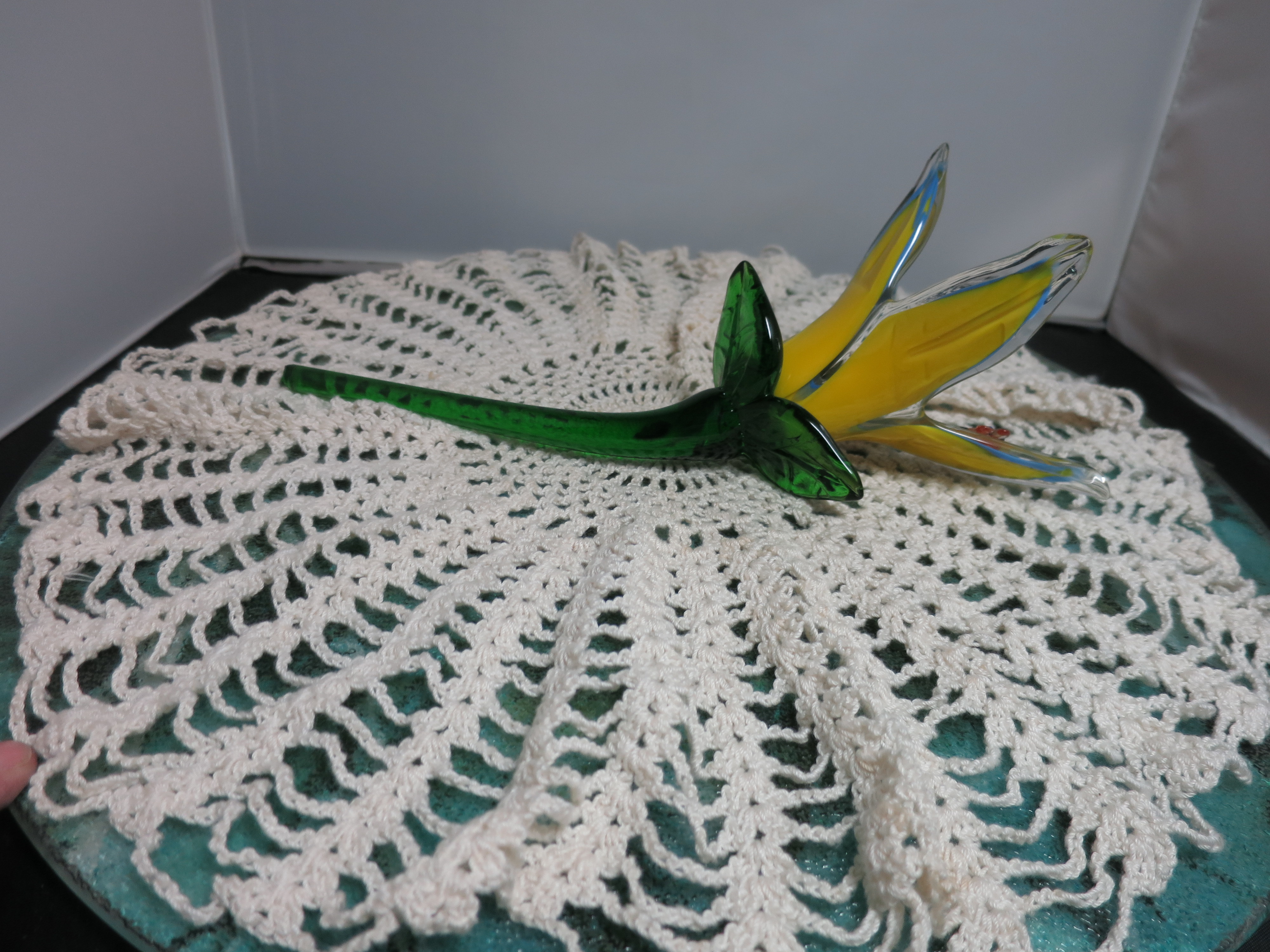 Artisan Blown Glass Flower with Dragonfly Figurine