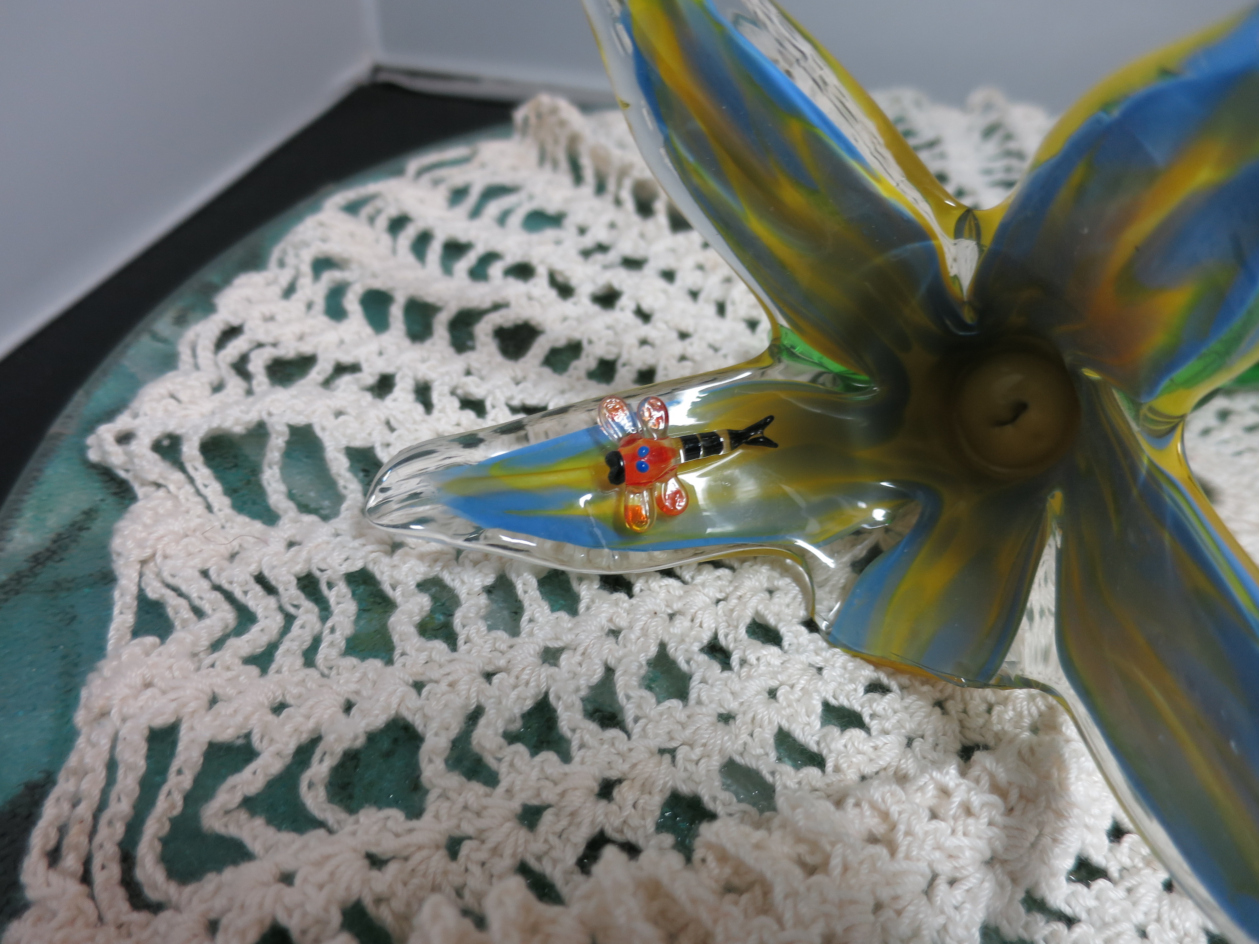 Artisan Blown Glass Flower with Dragonfly Figurine
