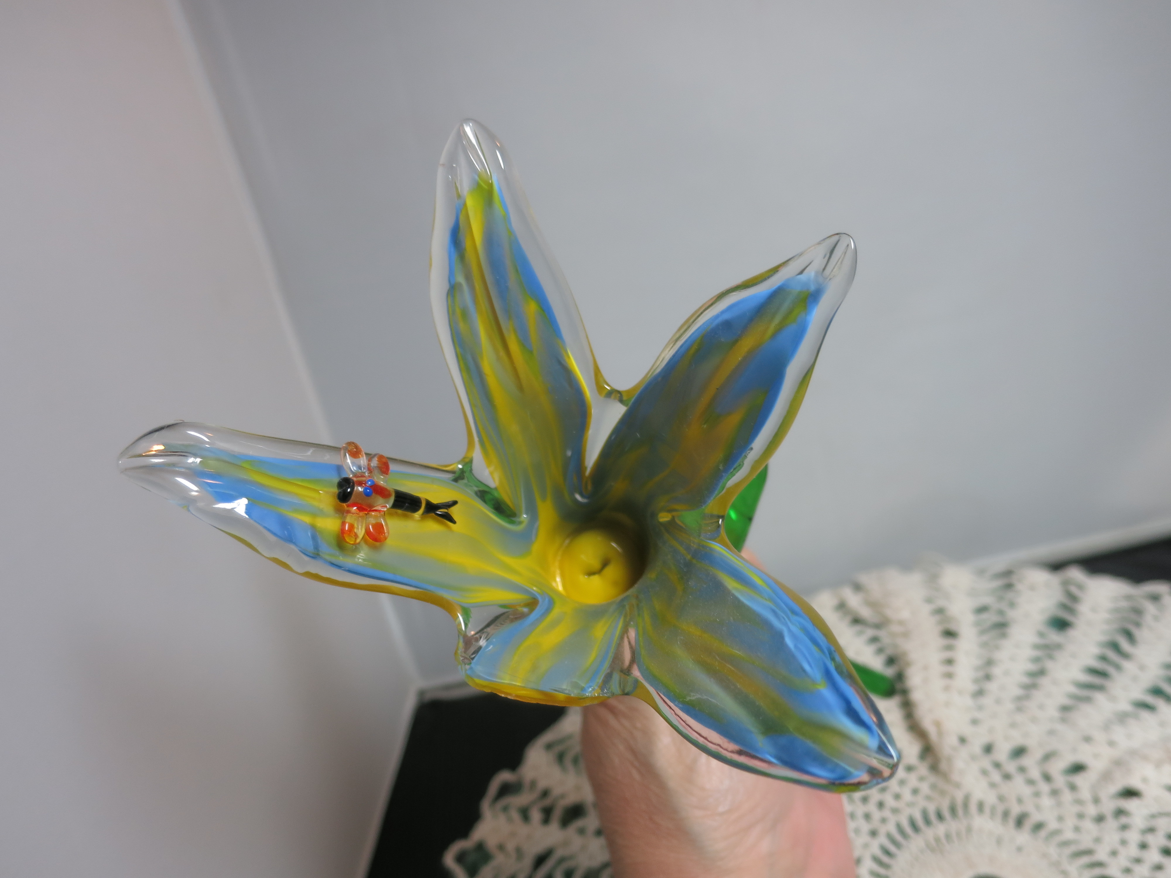 Artisan Blown Glass Flower with Dragonfly Figurine