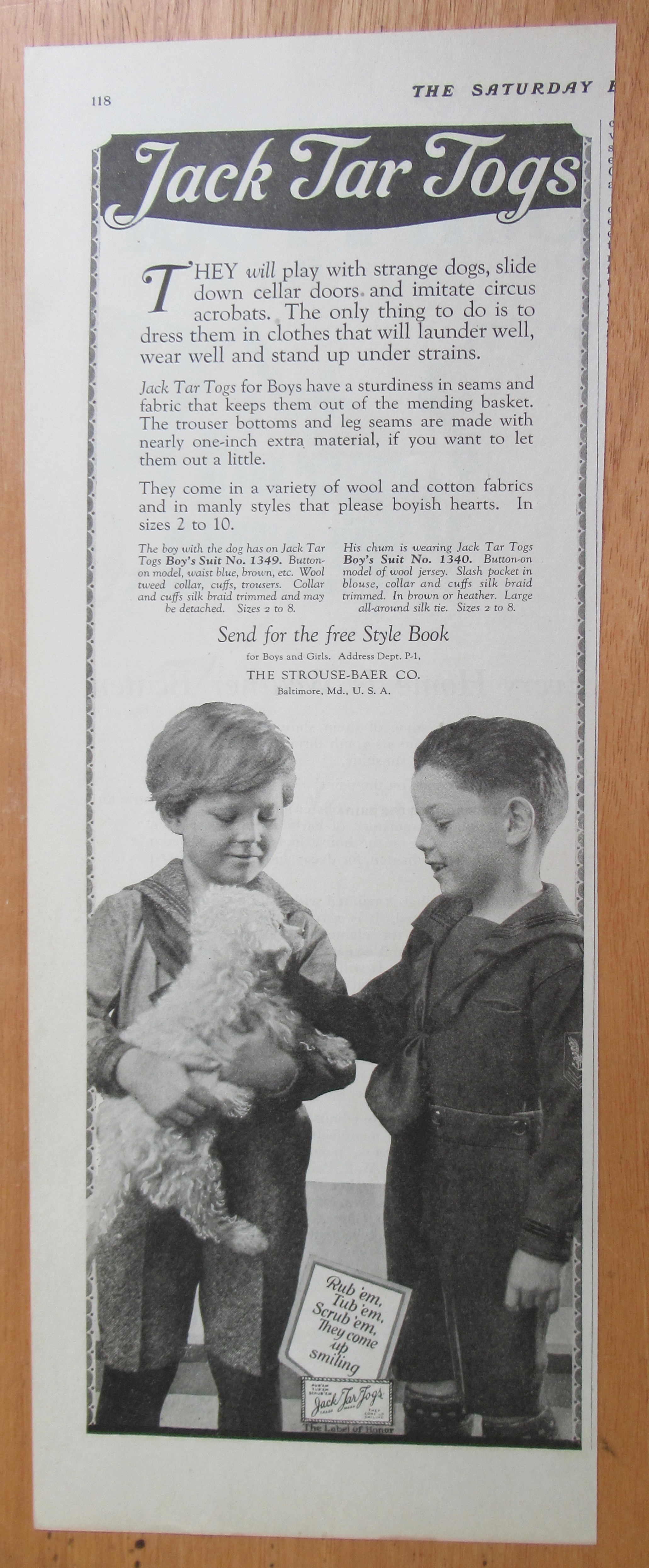 1923 Jack Tar Togs with 2 Boys & Their Puppy