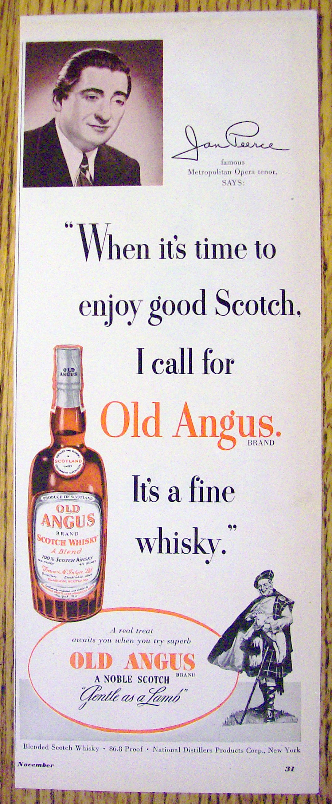 1951 Old Angus Whiskey with Opera Star Jan Peerce