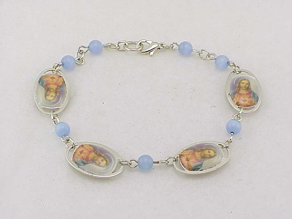 Sacred Heart Of Jesus Four Picture Bracelet With Blue Glass Beads