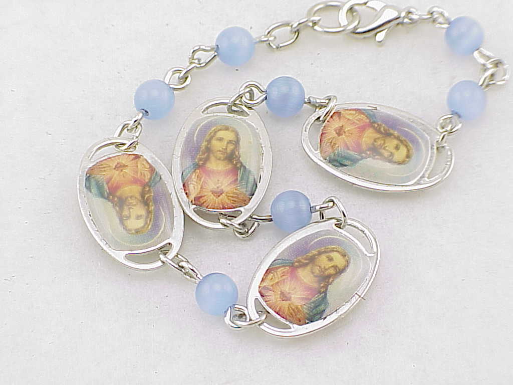 Sacred Heart Of Jesus Four Picture Bracelet With Blue Glass Beads