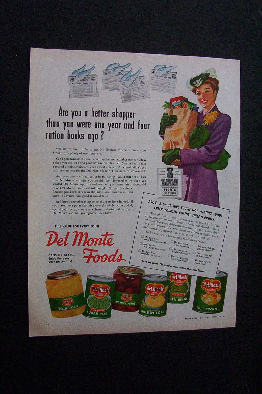 1944 Dual Ad: Karo  Syrup & Del Monte Foods