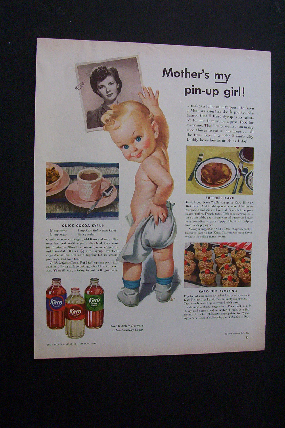 1944 Dual Ad: Karo  Syrup & Del Monte Foods