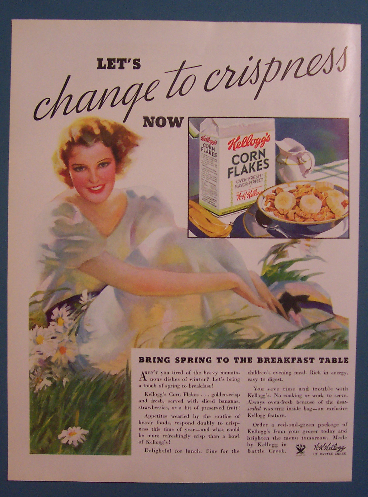1934 Kellogg's Corn Flakes Cereal with Woman In Grass