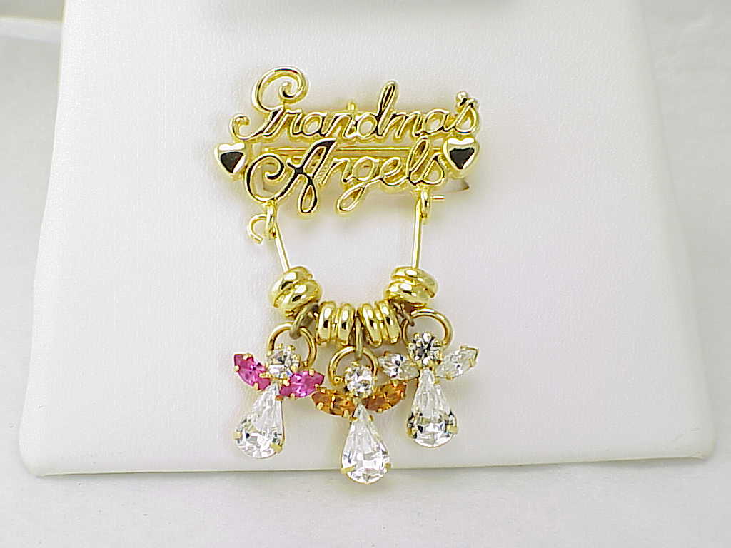Grandma'S Angels Brooch Or Pendant With Dangling Rhinestone Angels