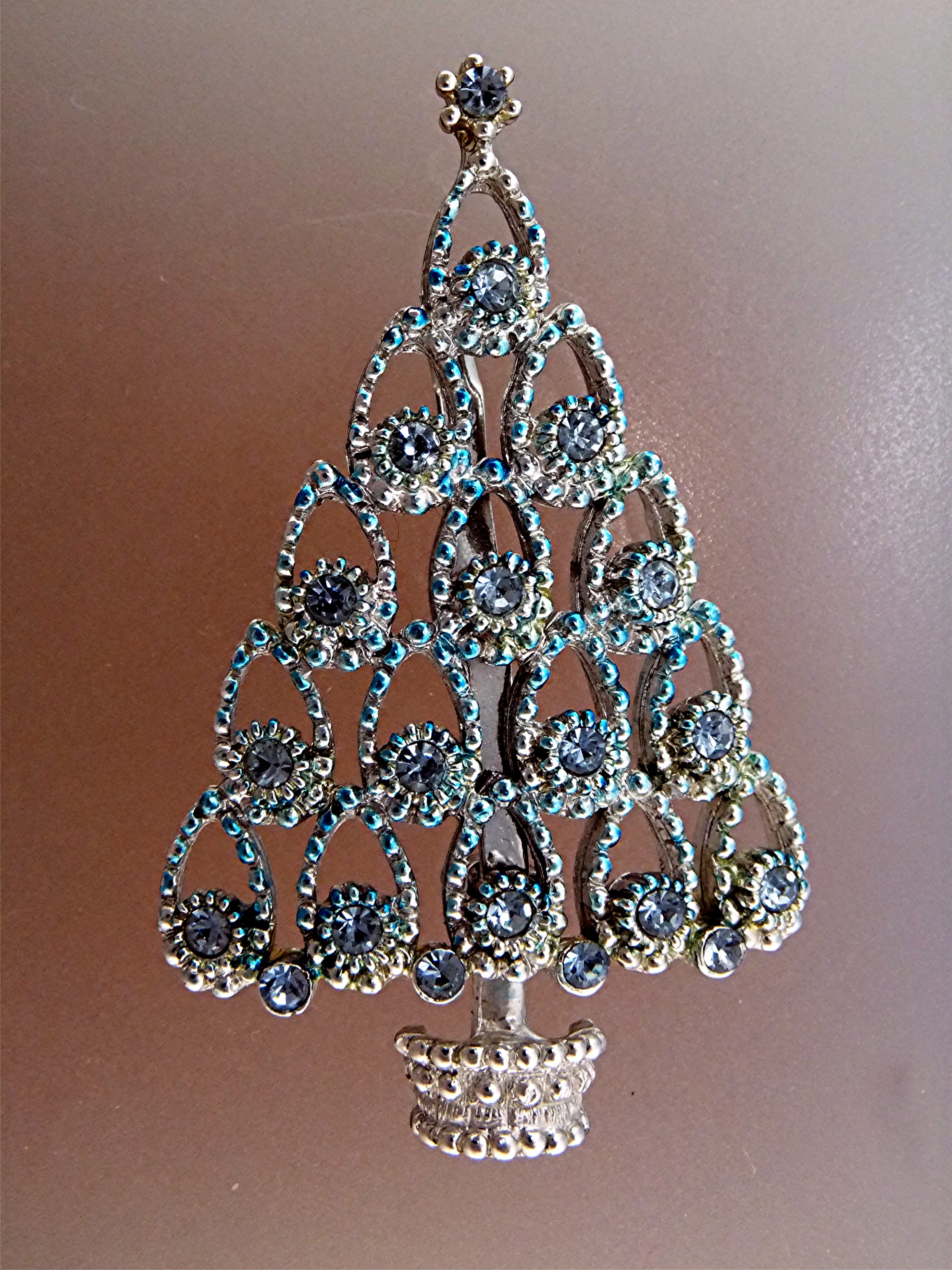 Brooch Pin Christmas Tree Blue Crystals BEATRIX