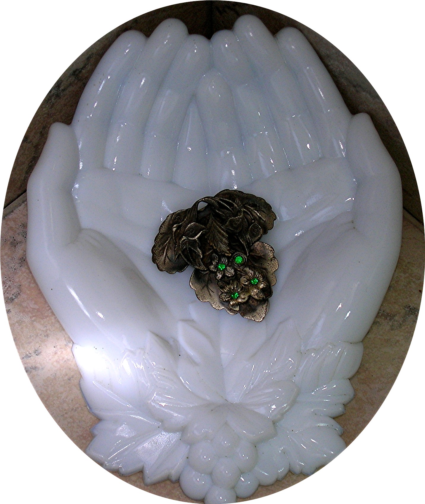 Dress Clip Silvertone Emerald  Rhinestones