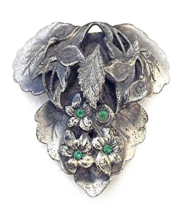Dress Clip Silvertone Emerald Rhinestones