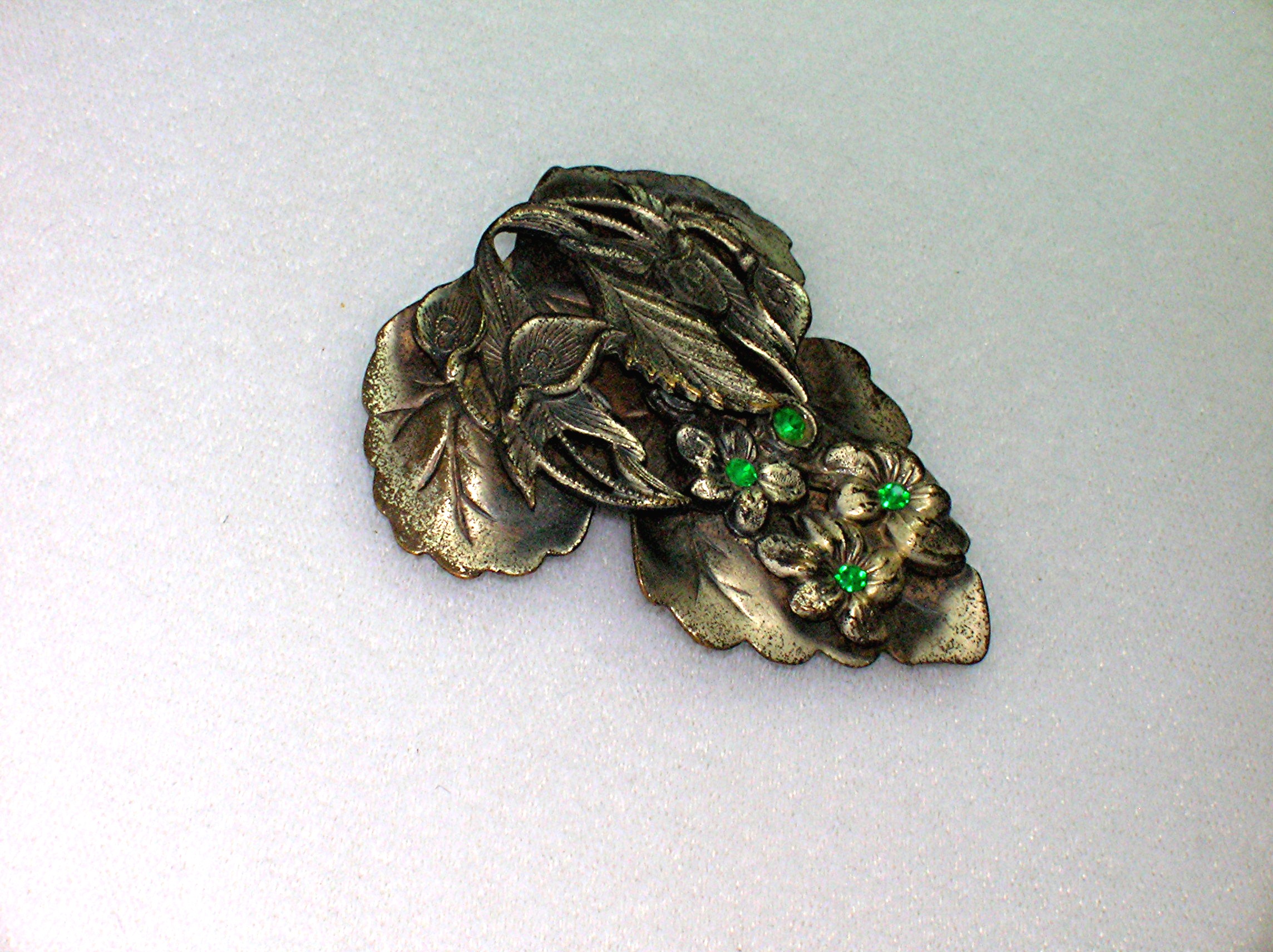Dress Clip Silvertone Emerald  Rhinestones