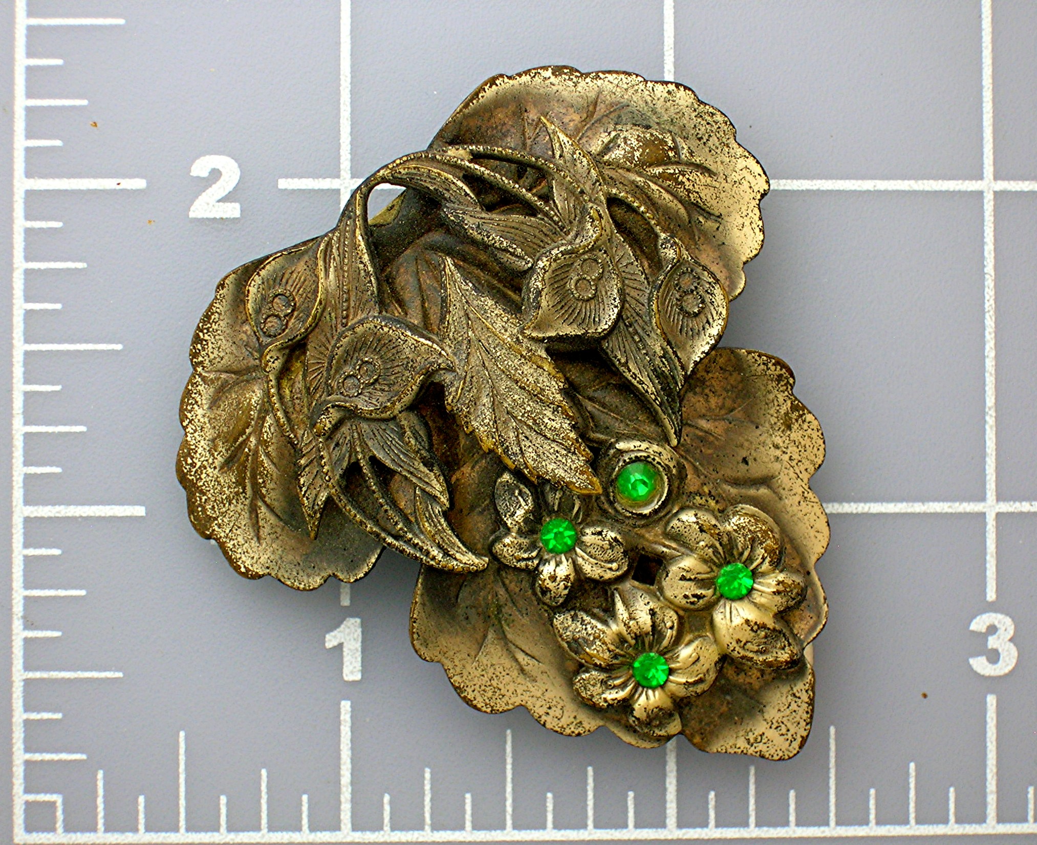 Dress Clip Silvertone Emerald  Rhinestones