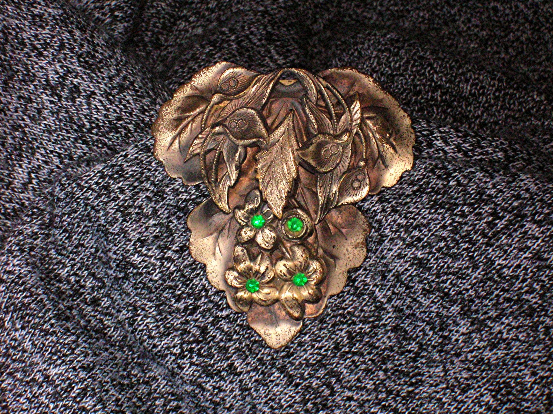 Dress Clip Silvertone Emerald  Rhinestones
