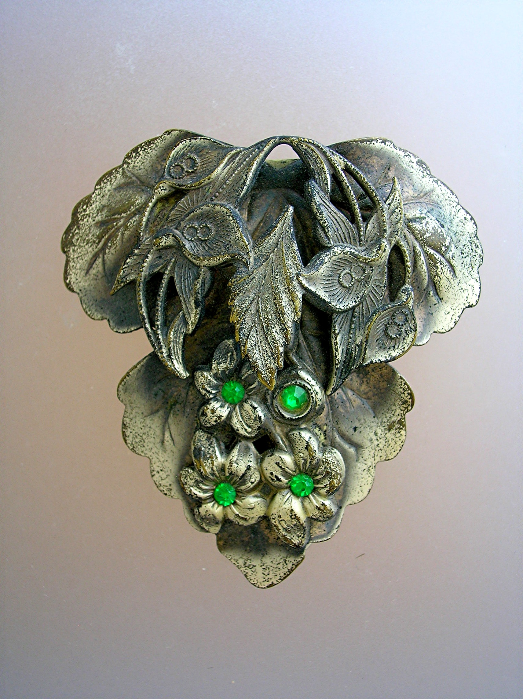 Dress Clip Silvertone Emerald  Rhinestones