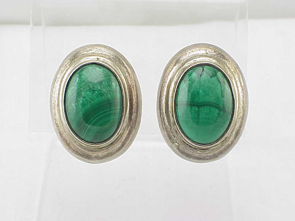 Signed Taxco Mexico Sterling Silver And Malachite Clip Earrings