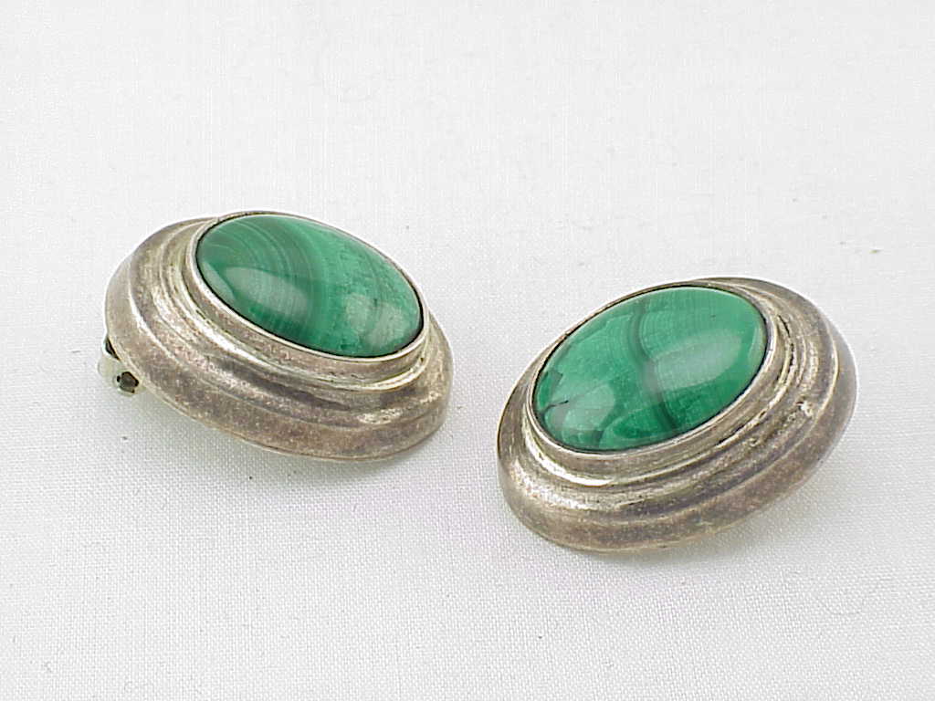 Signed Taxco Mexico Sterling Silver And Malachite Clip Earrings
