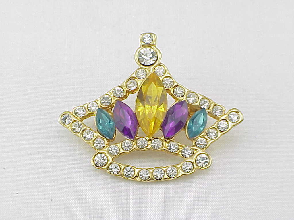 Mardi Gras Yellow Green Purple Rhinestone Crown Brooch