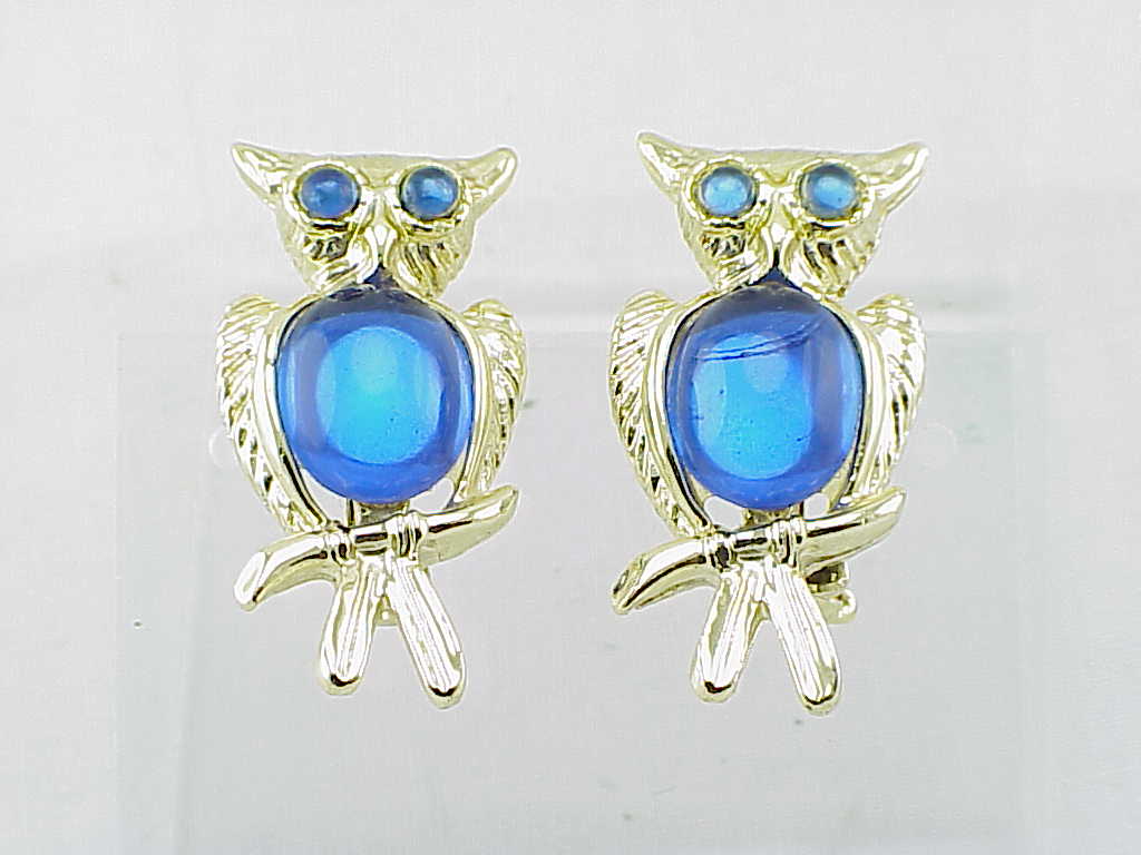 Vintage Pair Of Owl Blue Glass Belly Scatter Pins Or Brooches