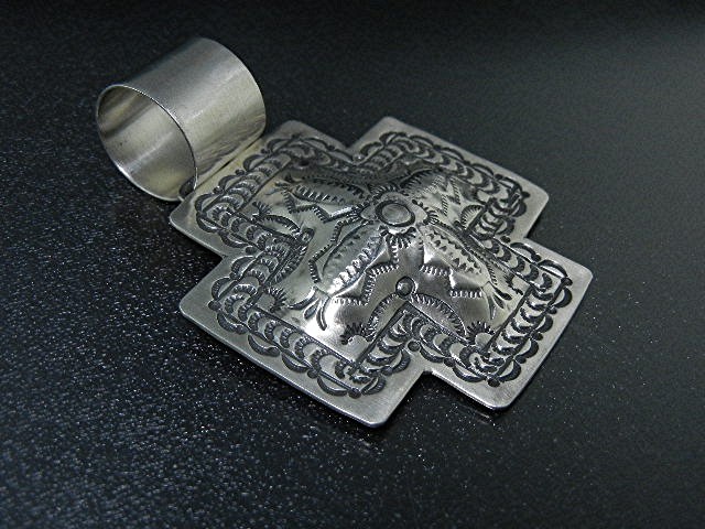Navajo Sterling Silver Raised Cross Signed Pendant