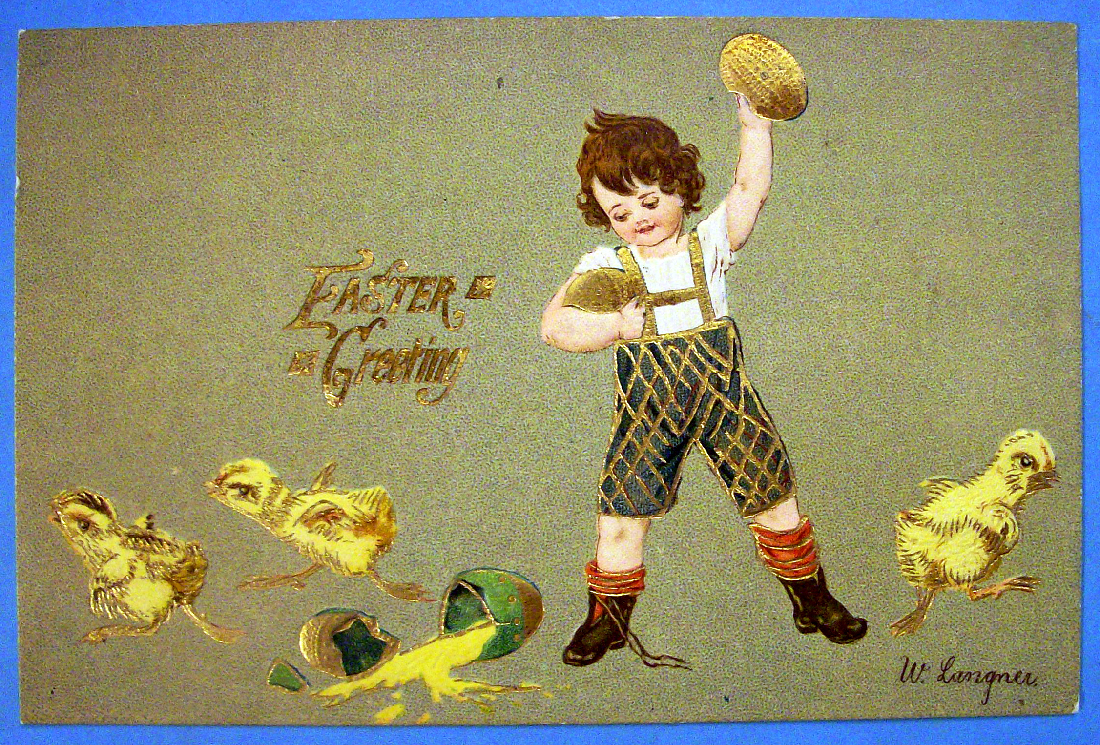 Easter Greeting Postcard with Boy Throwing Eggs