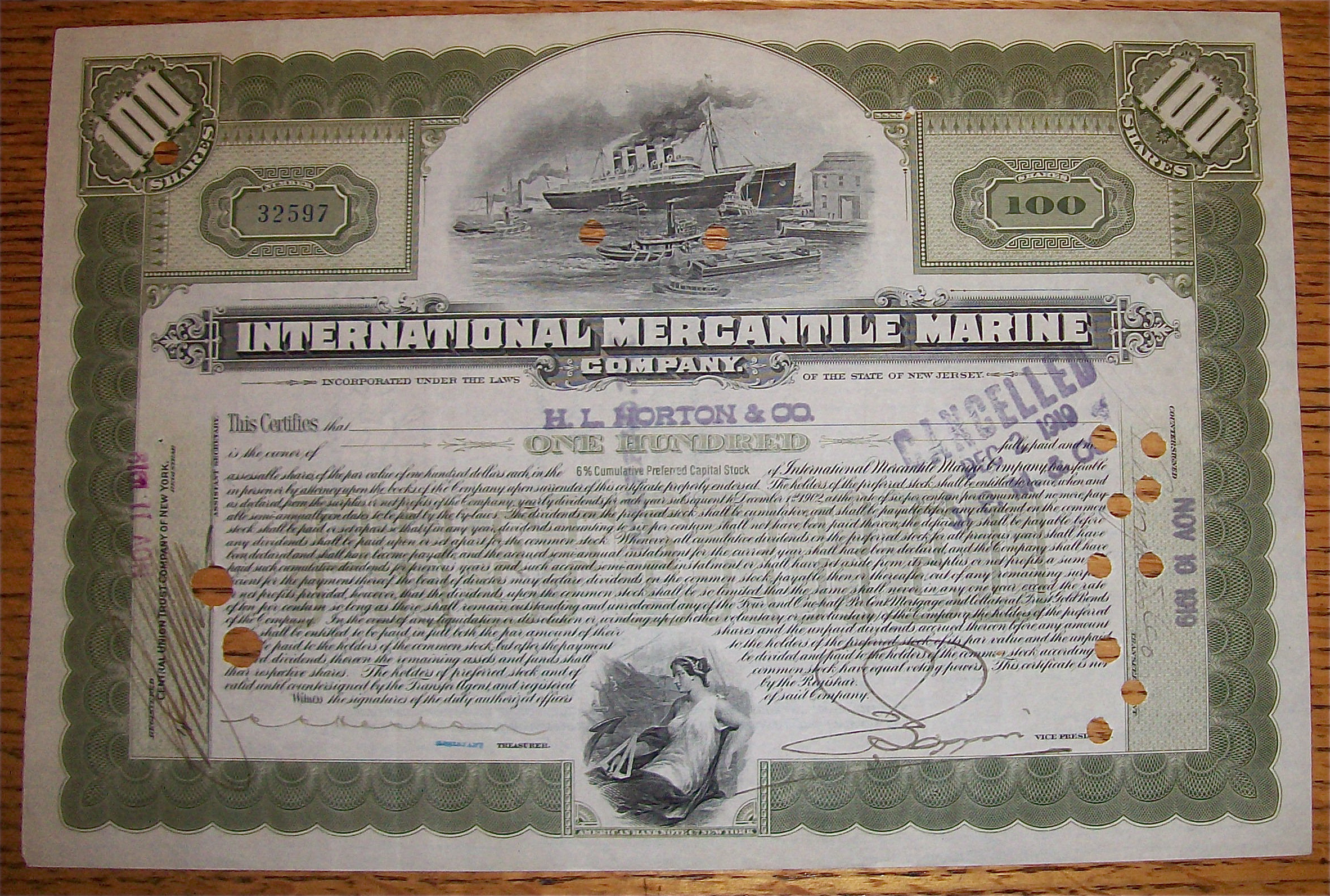 1902 International Mercantile Marine 100 Shares Stock