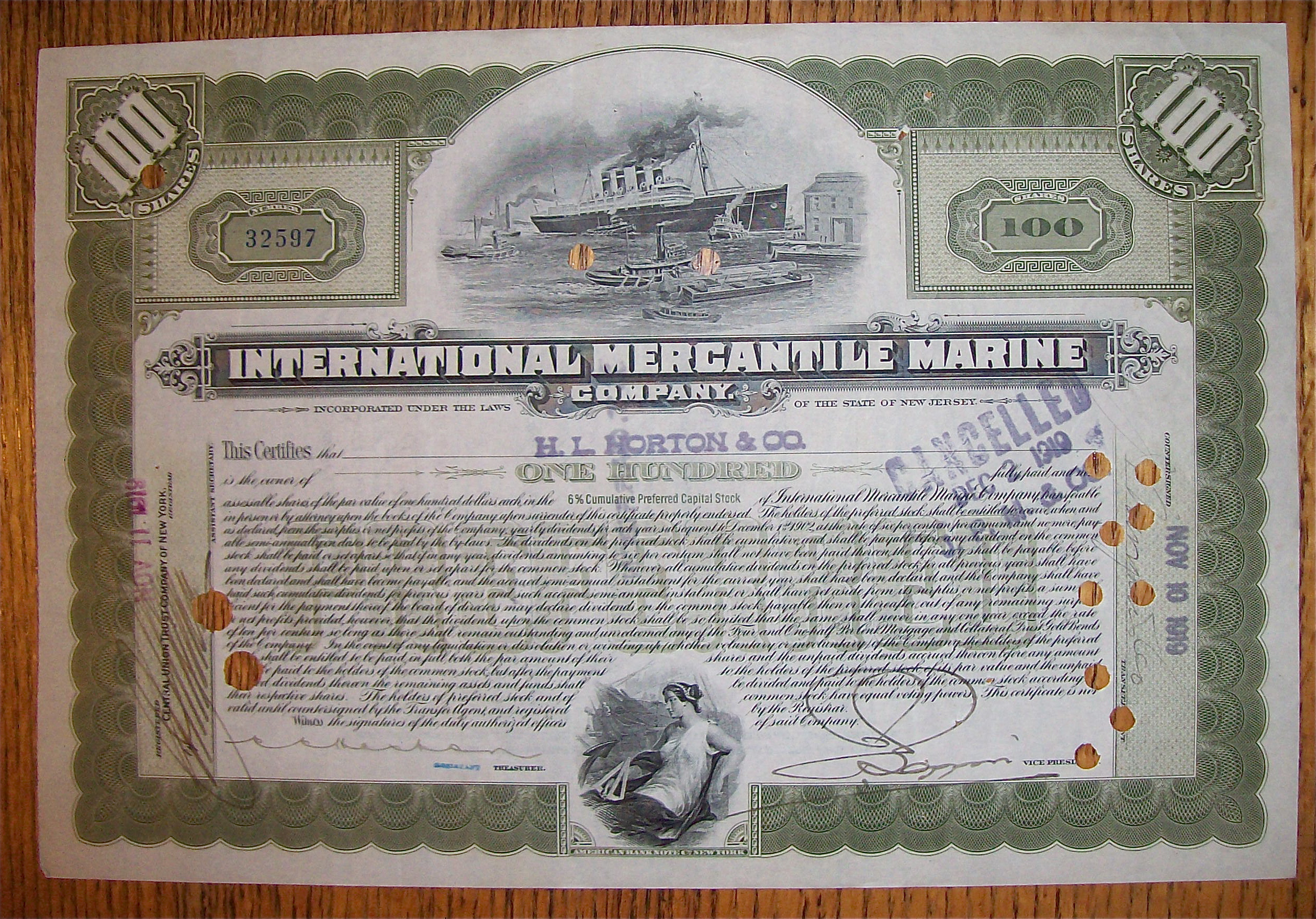 1902 International Mercantile Marine 100 Shares Stock