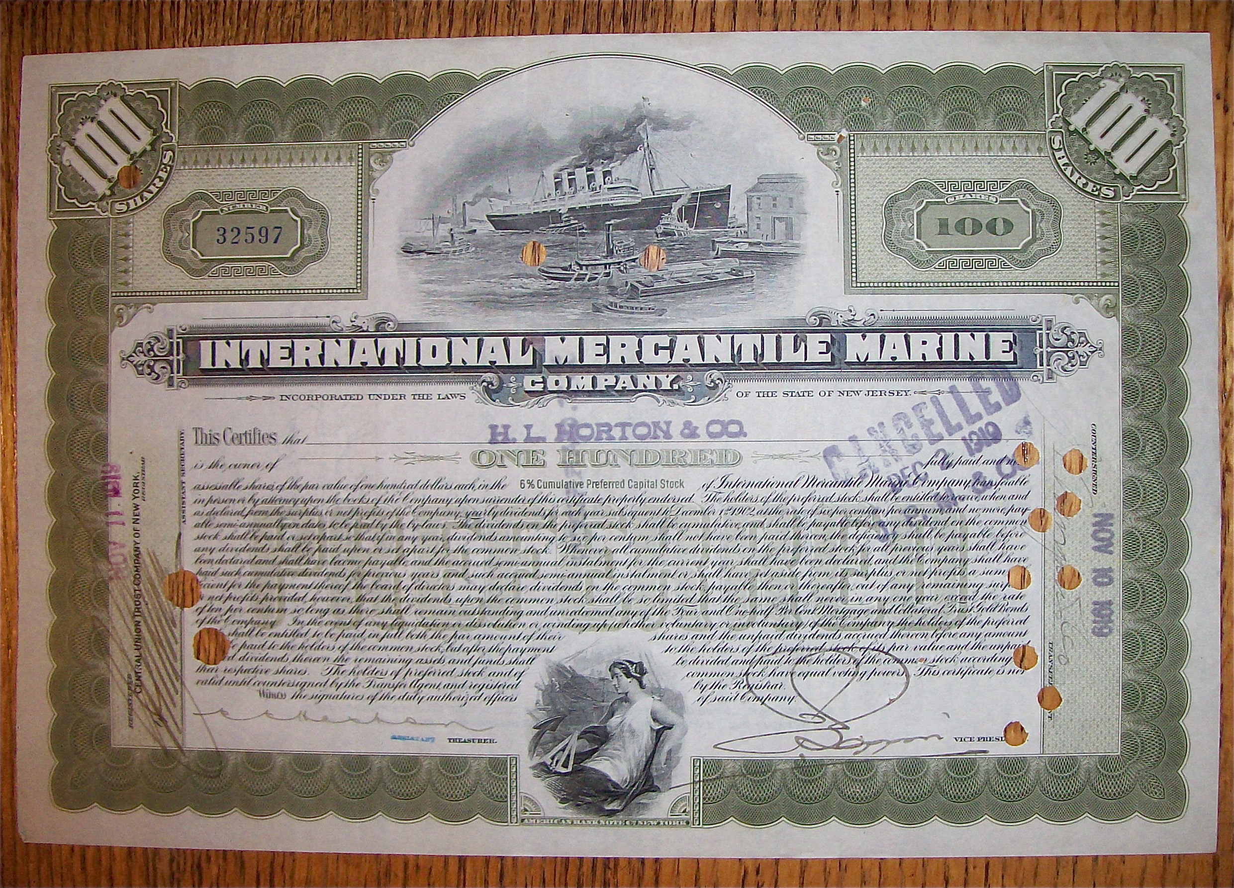 1902 International Mercantile Marine 100 Shares Stock