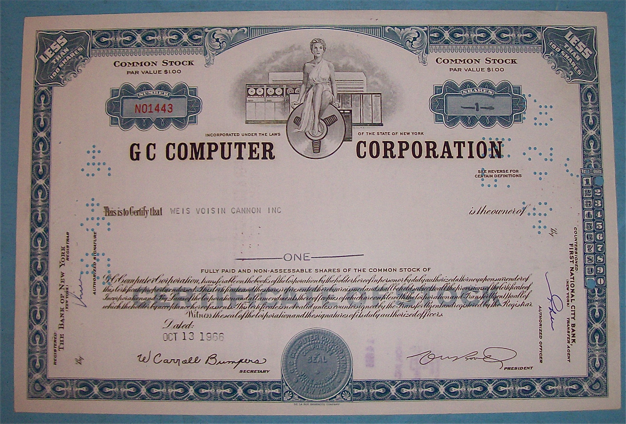 1966 GC Computer Corporation Stock Certificate