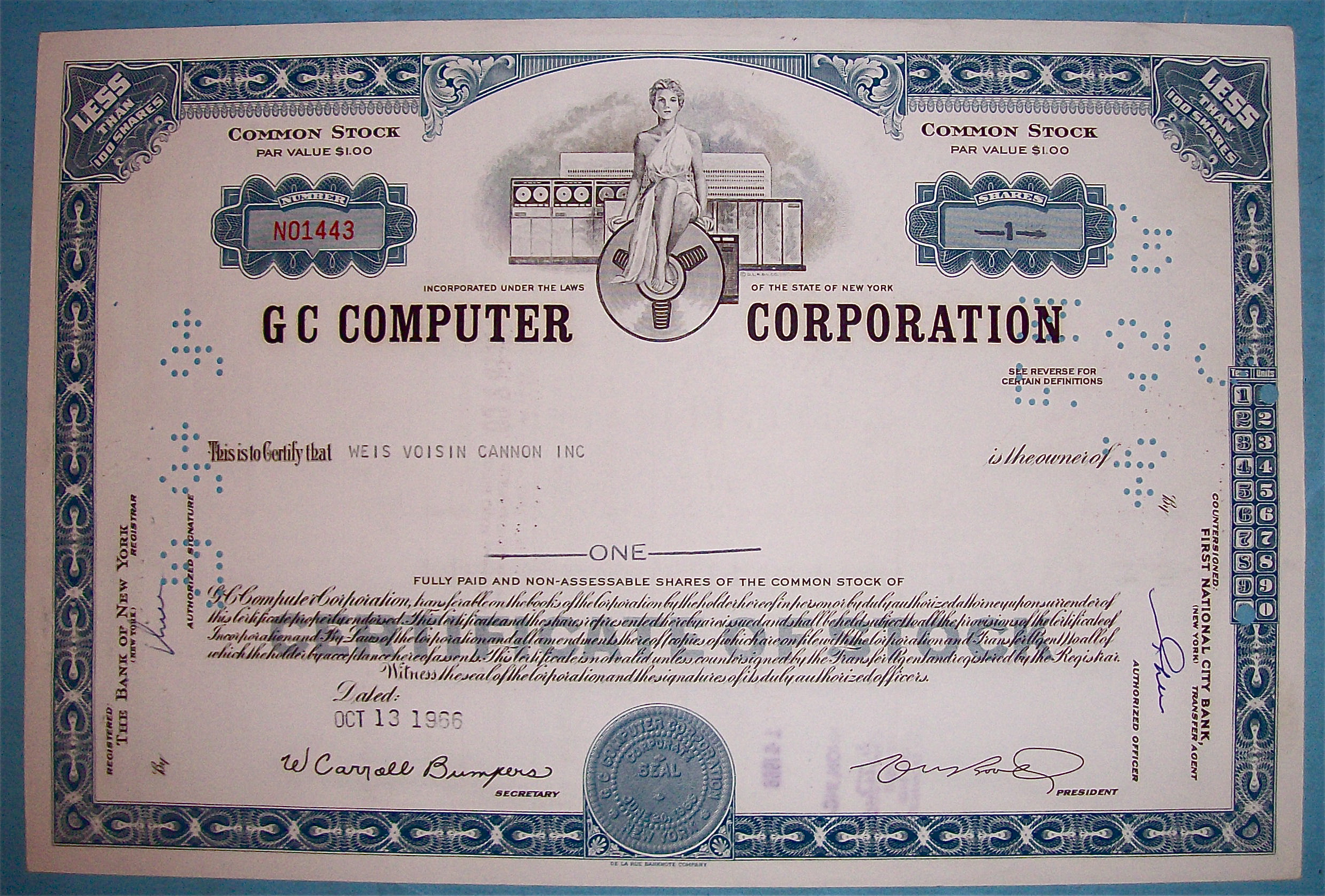1966 GC Computer Corporation Stock Certificate