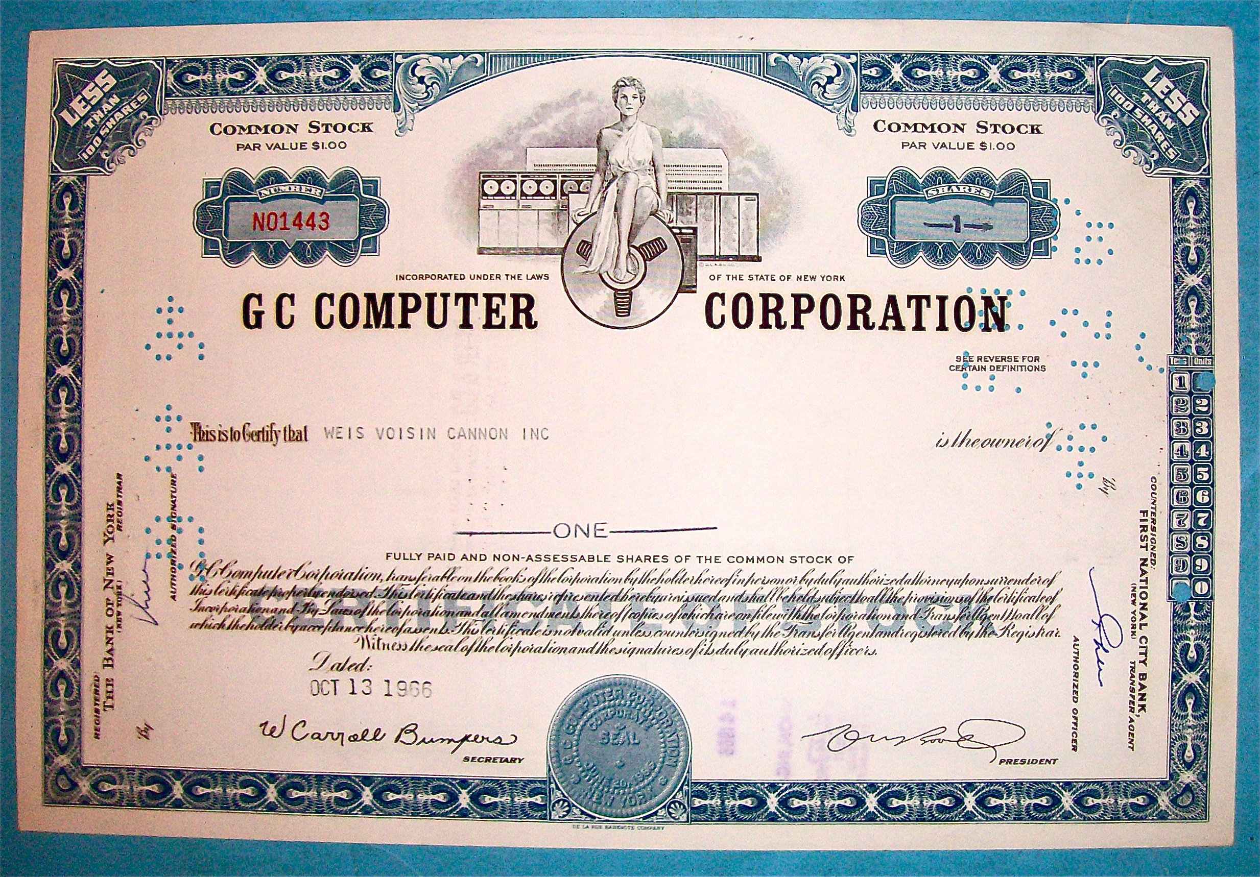 1966 GC Computer Corporation Stock Certificate
