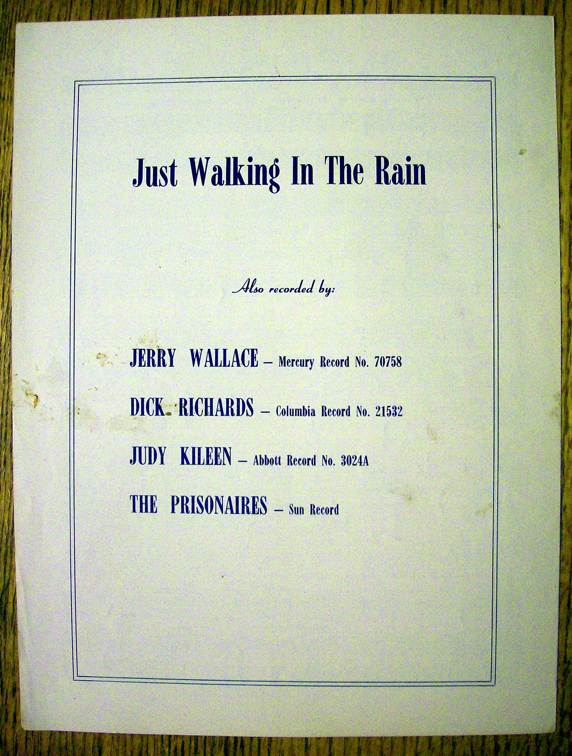 1953 Just Walking In The Rain (Johnnie Ray Cover)