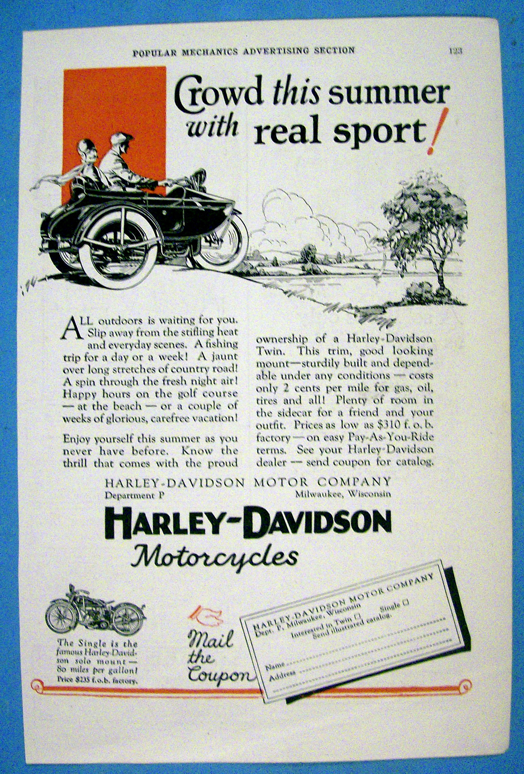 1927 Harley Davidson with Side Car with Man & Woman